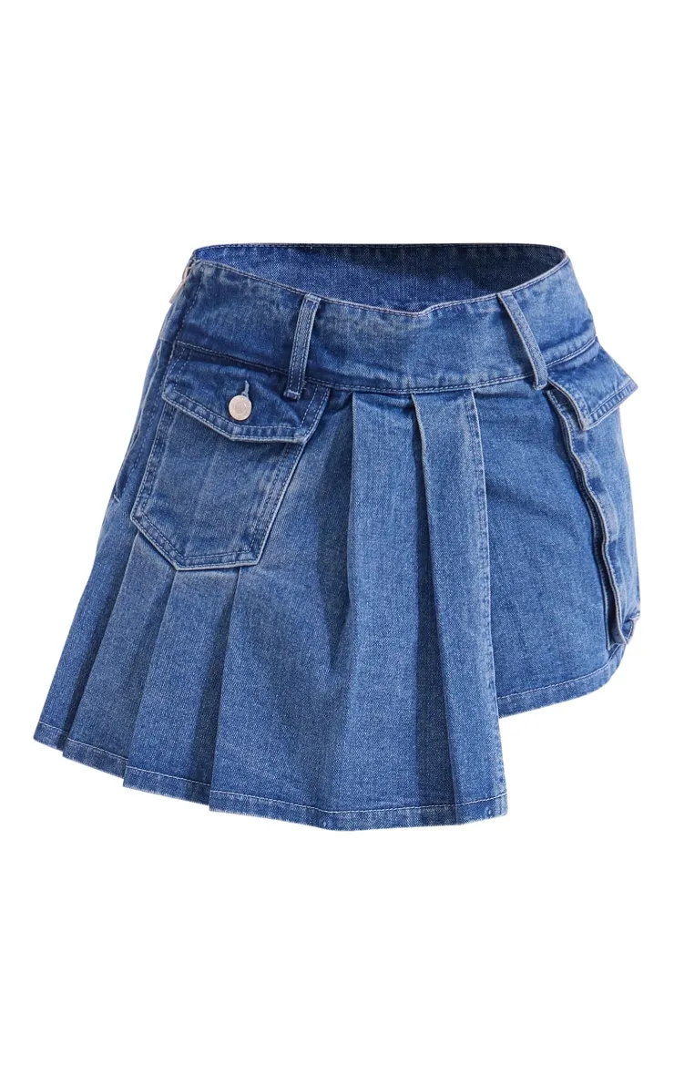 Mini jupe en jean délavé bleu moyen asymétrique à détail poche