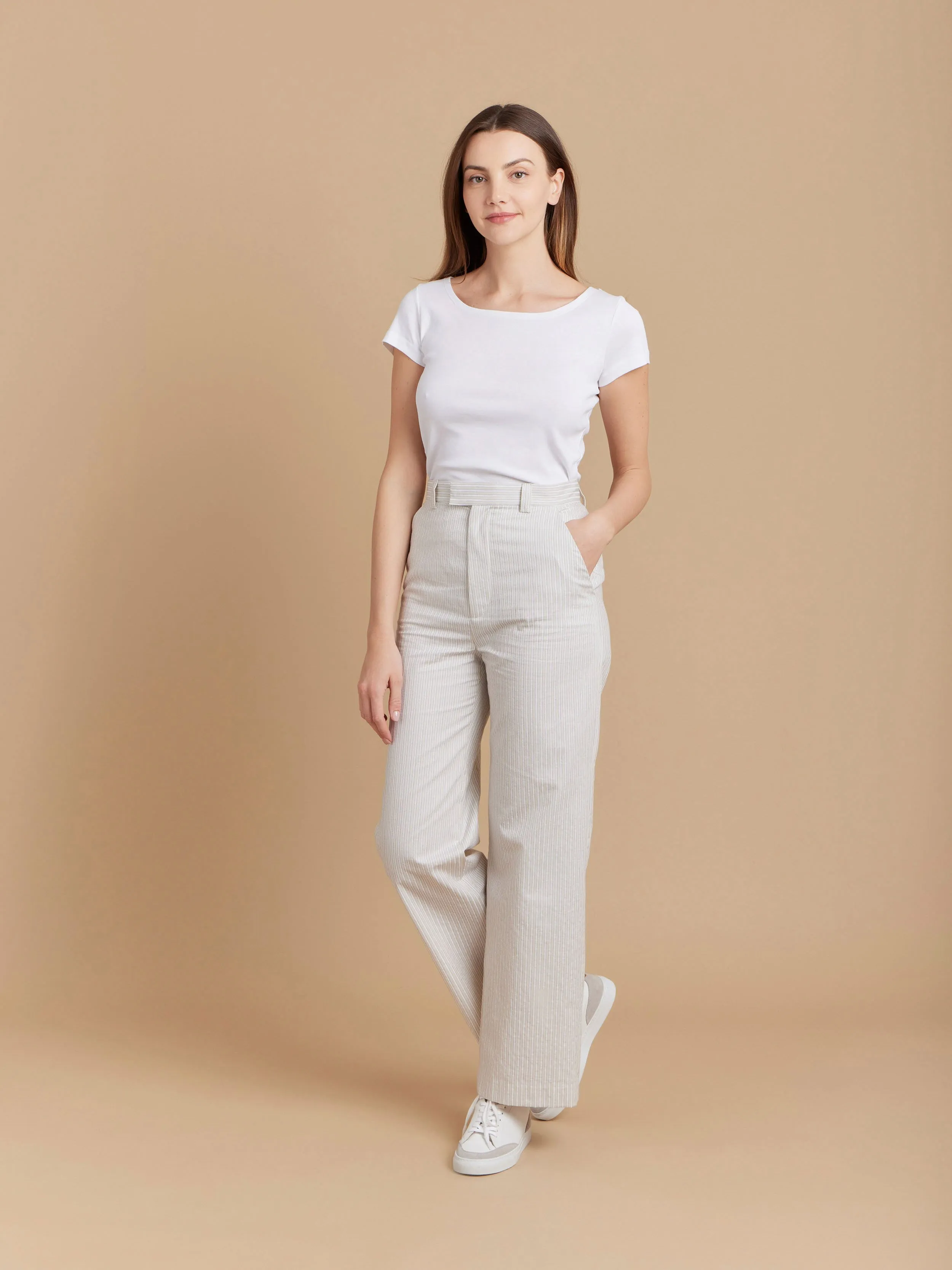 pantalon Amelyn en coton à rayures beige ficelle