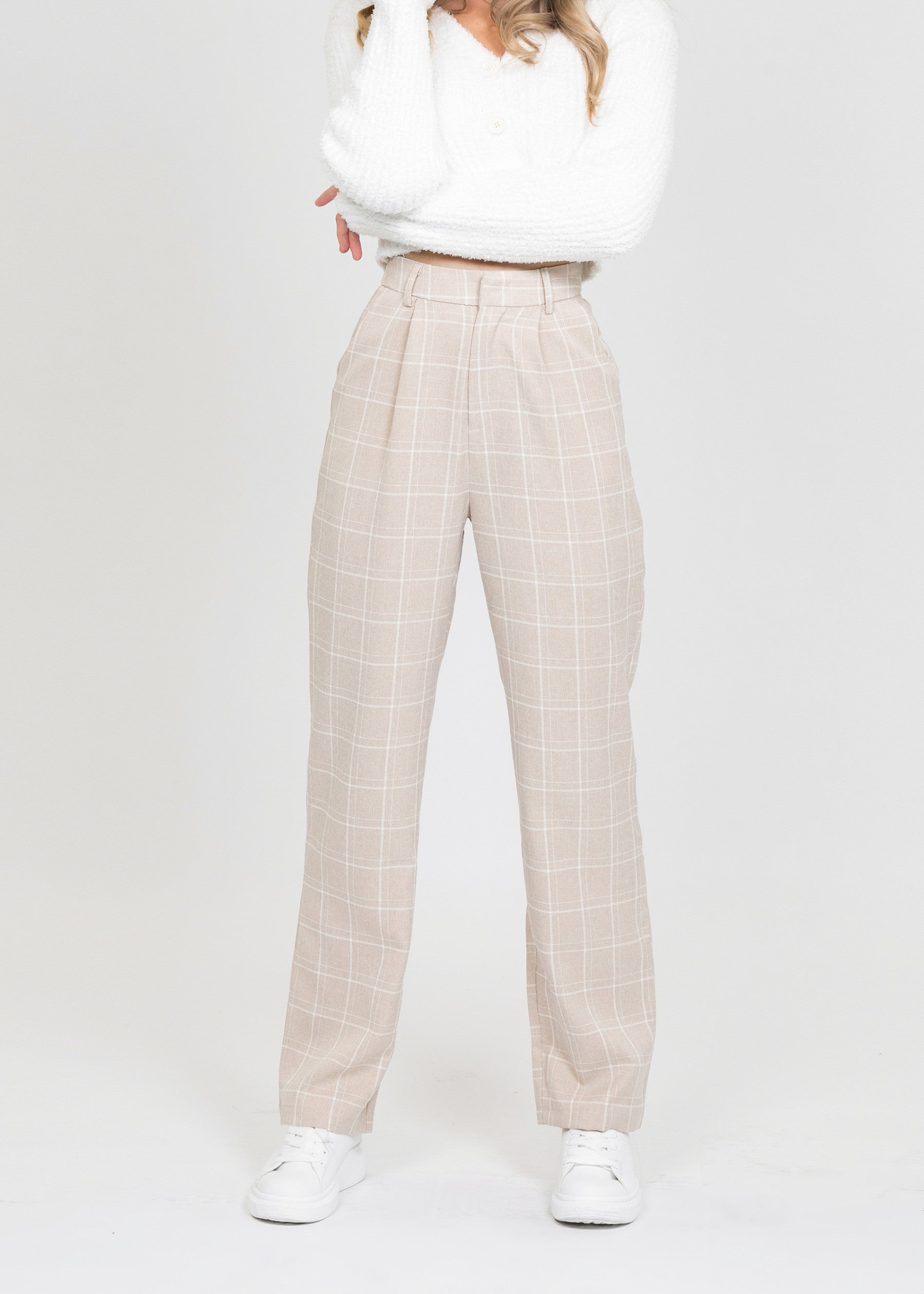 Pantalon beige taille haute à carreaux