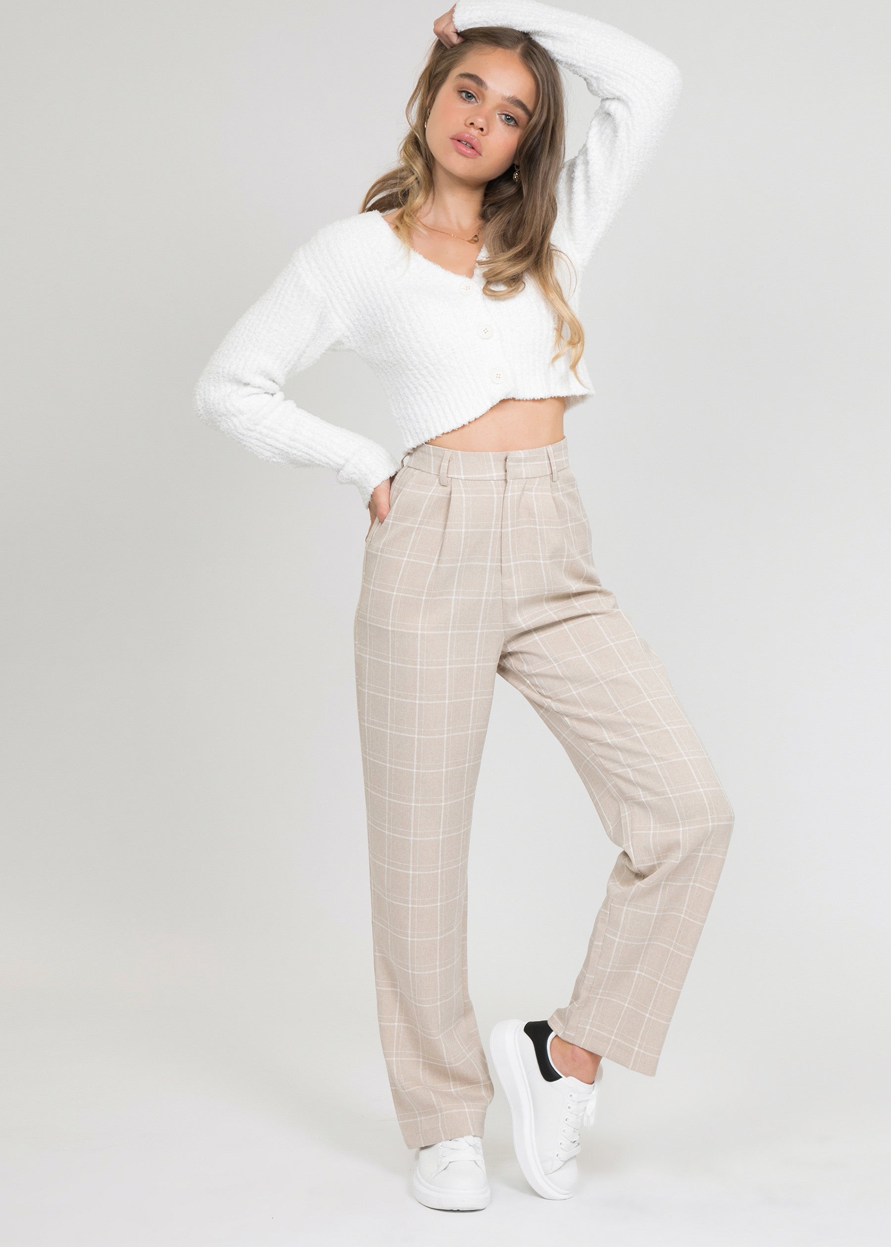 Pantalon beige taille haute à carreaux