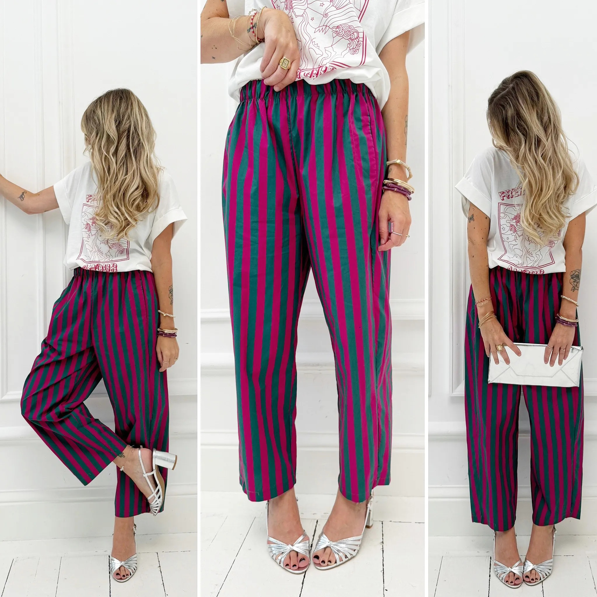 Pantalon magenta et vert à rayures