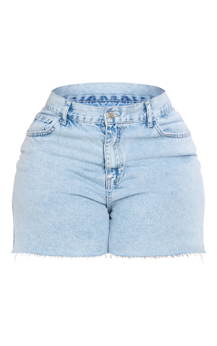 Plus Short en jean taille haute délavé bleu à ourlet élimé