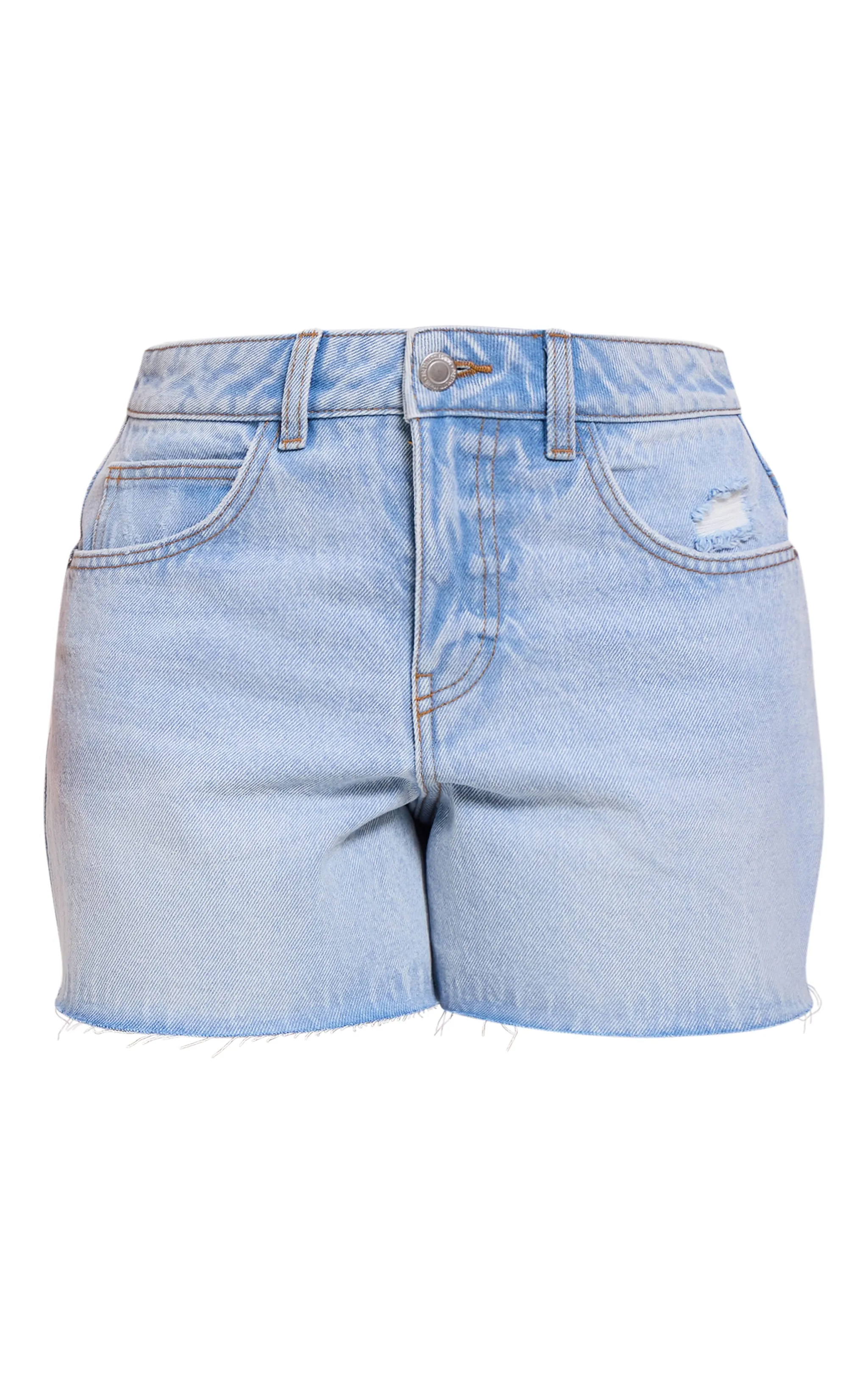 PRETTYLITTLETHING Petite Short boyfriend en jean bleu clair à ourlet élimé