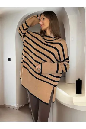 Pull coupe oversize rayures camel