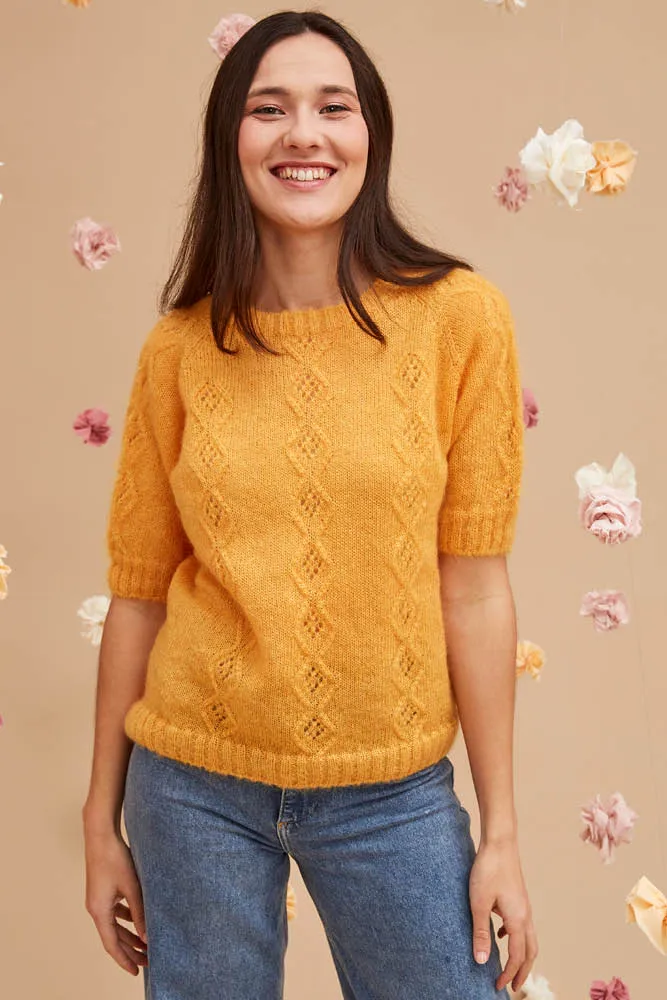 Pull en laine manches courtes ajouré pour femme 