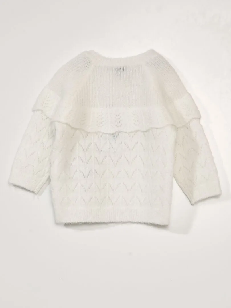 Pull en maille ajourée avec volant - Blanc neige