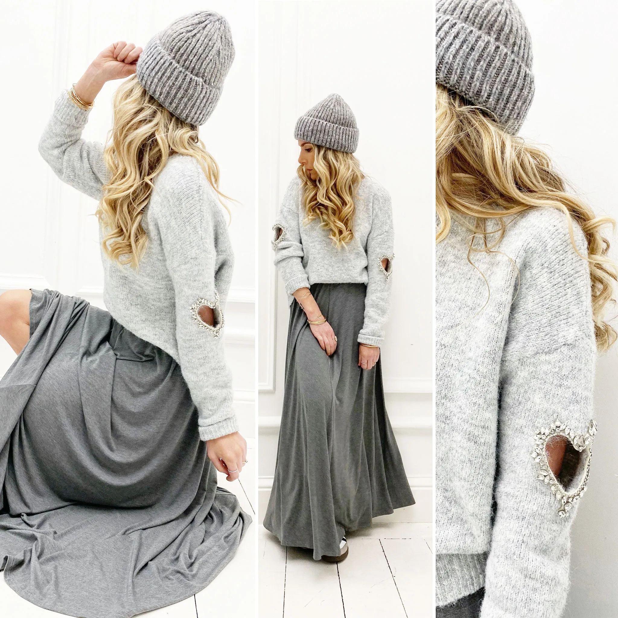 Pull gris coeur strass