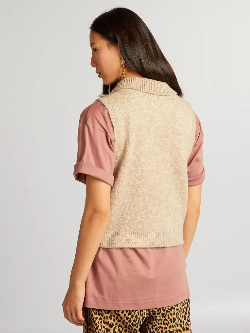 Pull sans manches col montant zippé - Beige