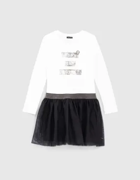 Robe blanc cassé bi matière avec tutu noir fille