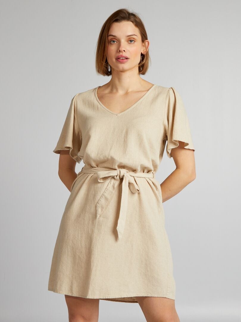 Robe ceinturée en lin 'JDY' - Beige