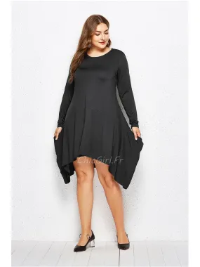 Robe De Dete Grande Taille Courte Devant Noire Manche Longue Col Rond