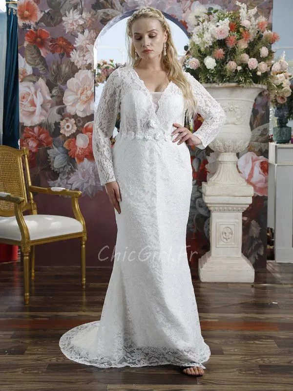 Robe De Mariée Ronde et Jolie Sirène Dentelle Manche Longue