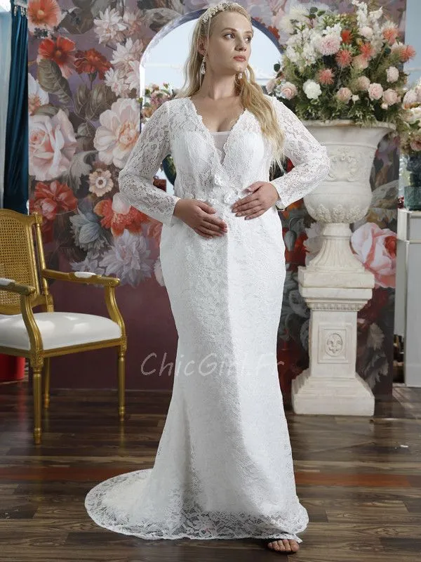 Robe De Mariée Ronde et Jolie Sirène Dentelle Manche Longue