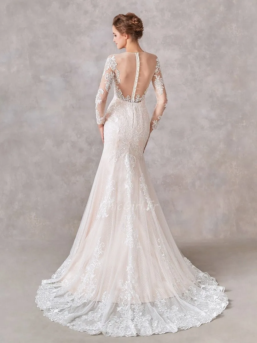 Robe De Mariée Sirène Dentelle Manche Longue Dos Couvert Transparent Avec Traine