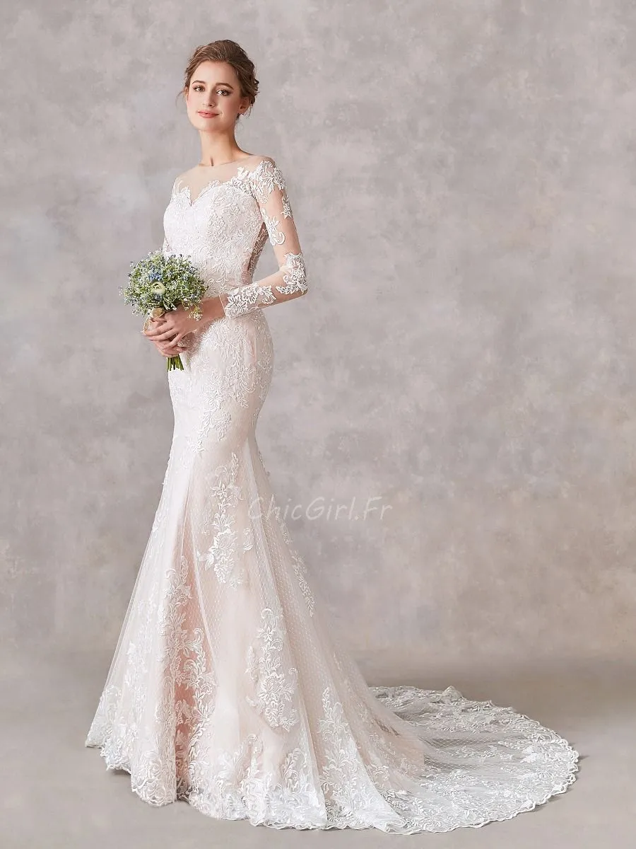 Robe De Mariée Sirène Dentelle Manche Longue Dos Couvert Transparent Avec Traine