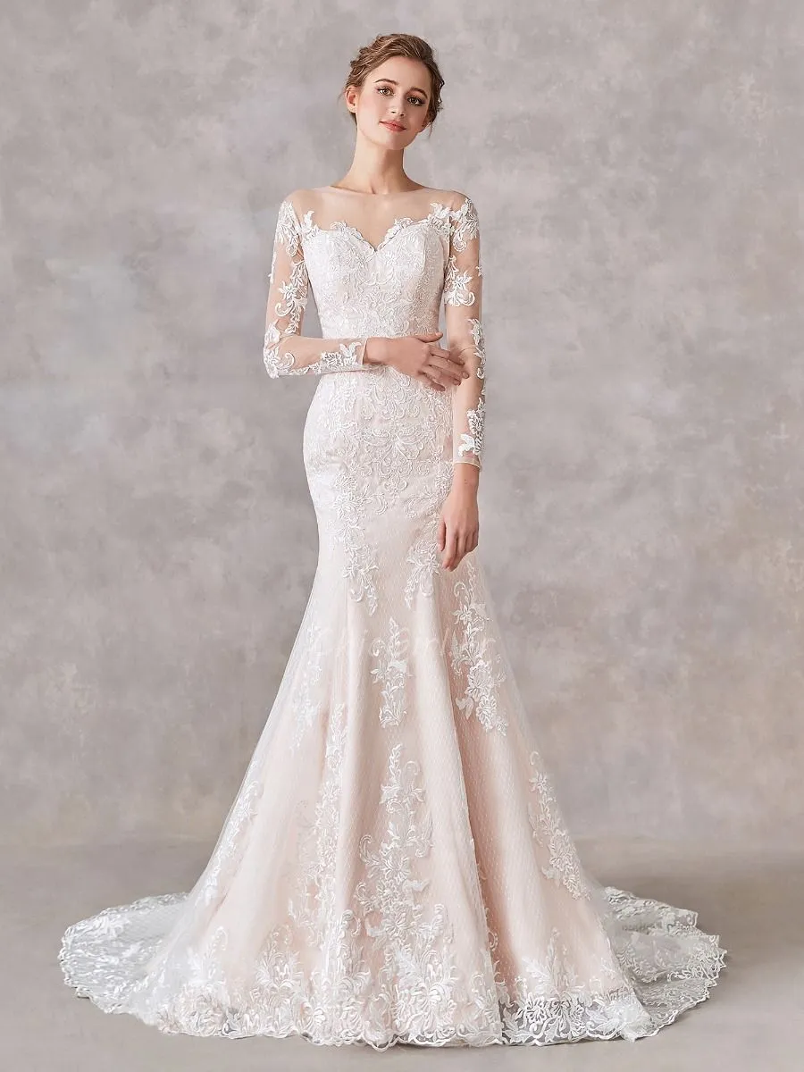 Robe De Mariée Sirène Dentelle Manche Longue Dos Couvert Transparent Avec Traine