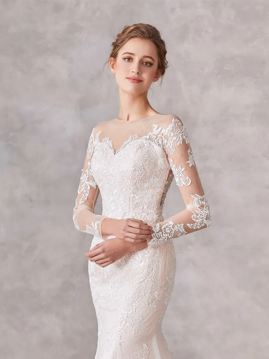 Robe De Mariée Sirène Dentelle Manche Longue Dos Couvert Transparent Avec Traine