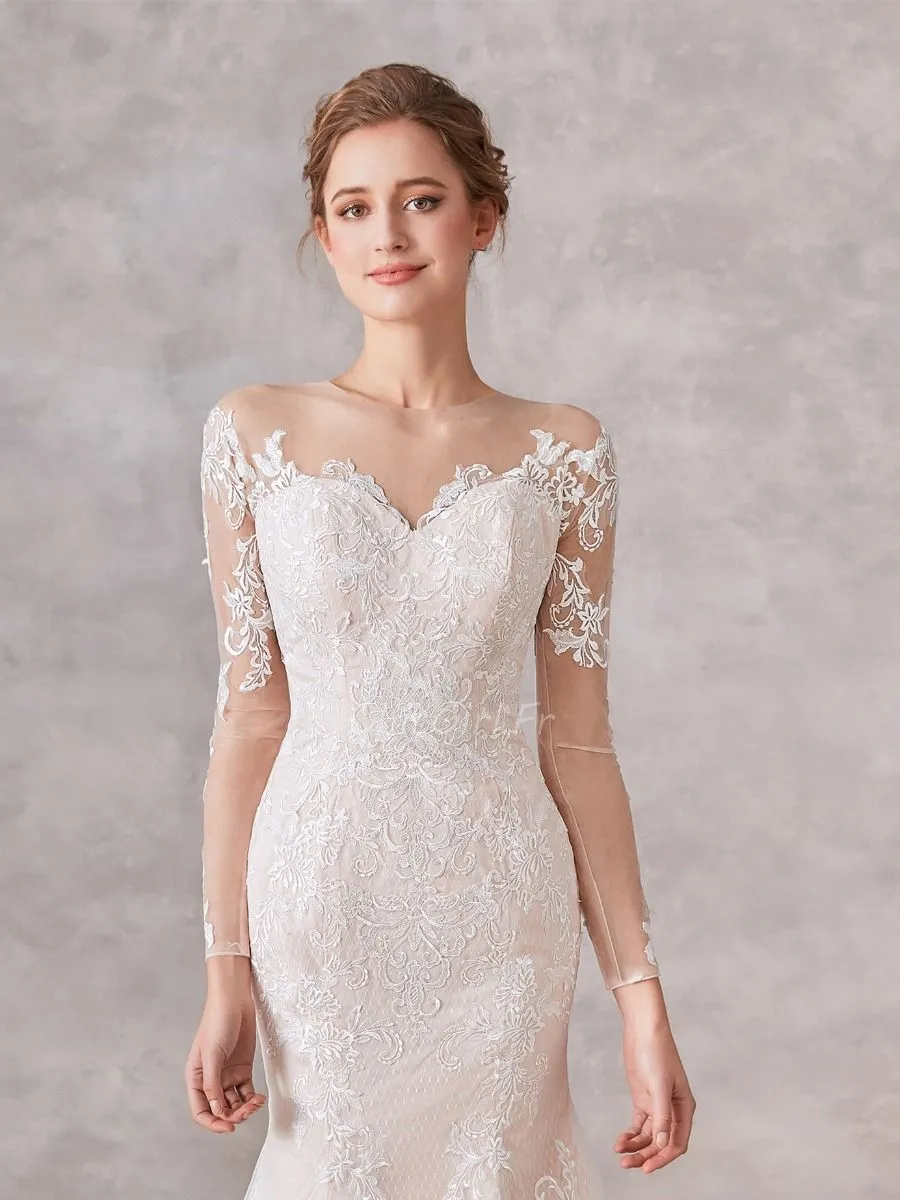 Robe De Mariée Sirène Dentelle Manche Longue Dos Couvert Transparent Avec Traine