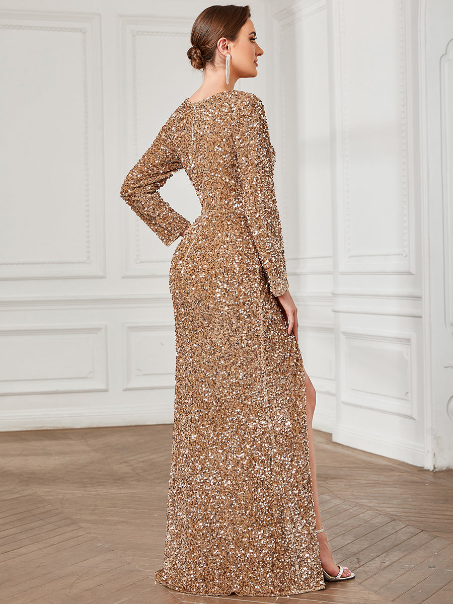 Robe de soirée fendue moulante Manches longues Sequins