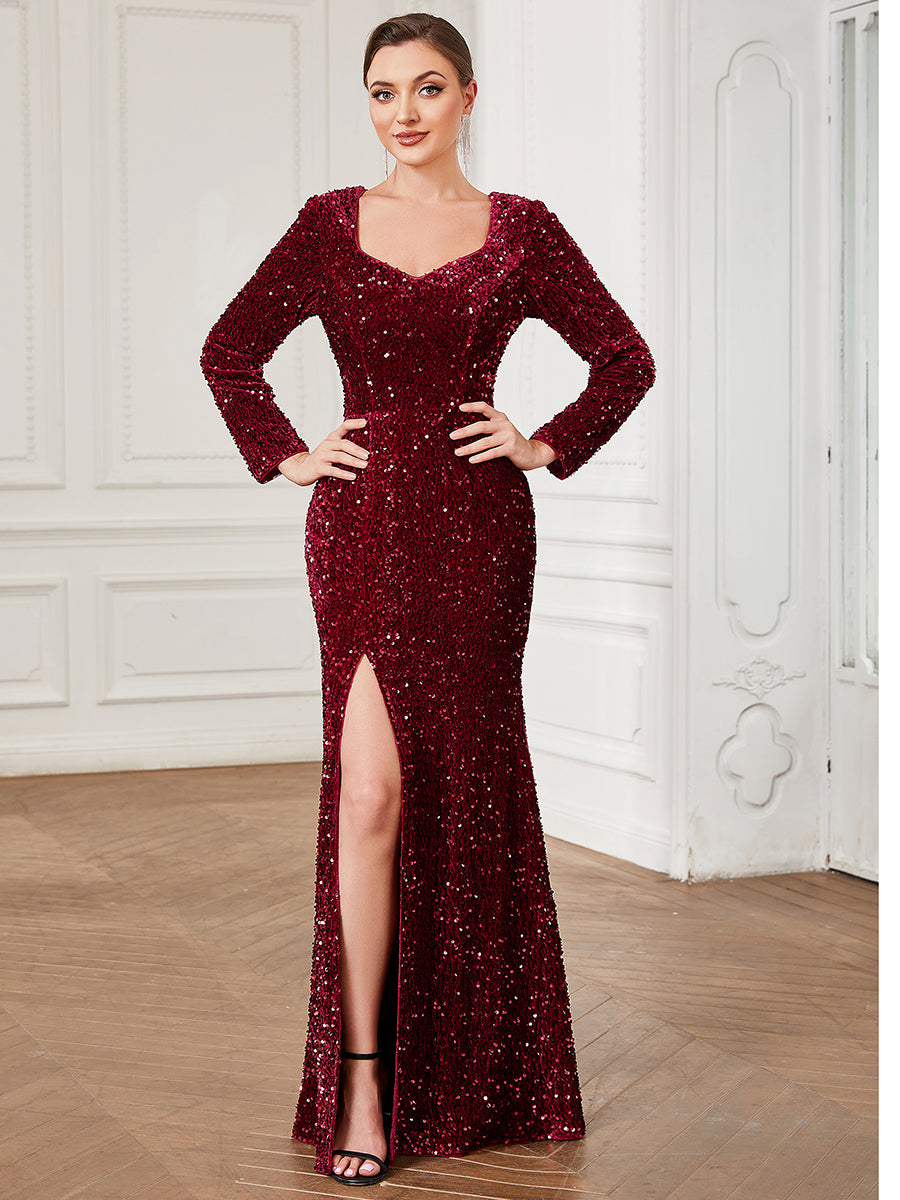 Robe de soirée fendue moulante Manches longues Sequins