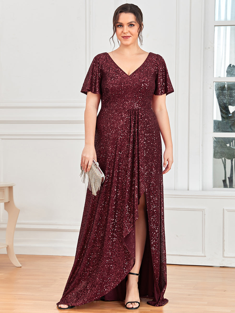 Robe de Soirée Manches Courtes Col en V Paillettes Grande Taille