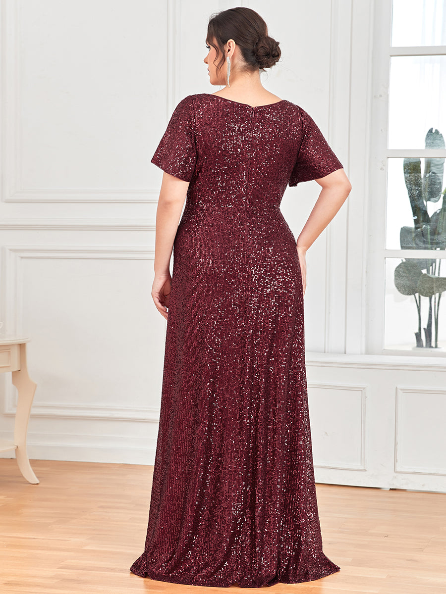 Robe de Soirée Manches Courtes Col en V Paillettes Grande Taille