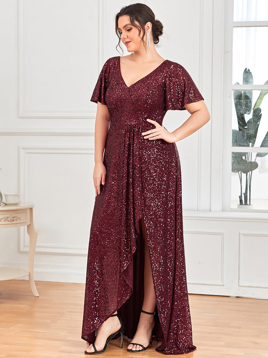 Robe de Soirée Manches Courtes Col en V Paillettes Grande Taille