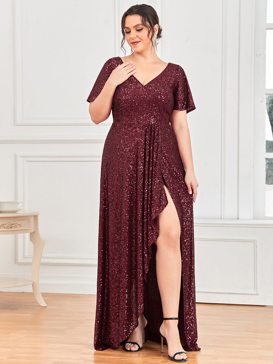 Robe de Soirée Manches Courtes Col en V Paillettes Grande Taille