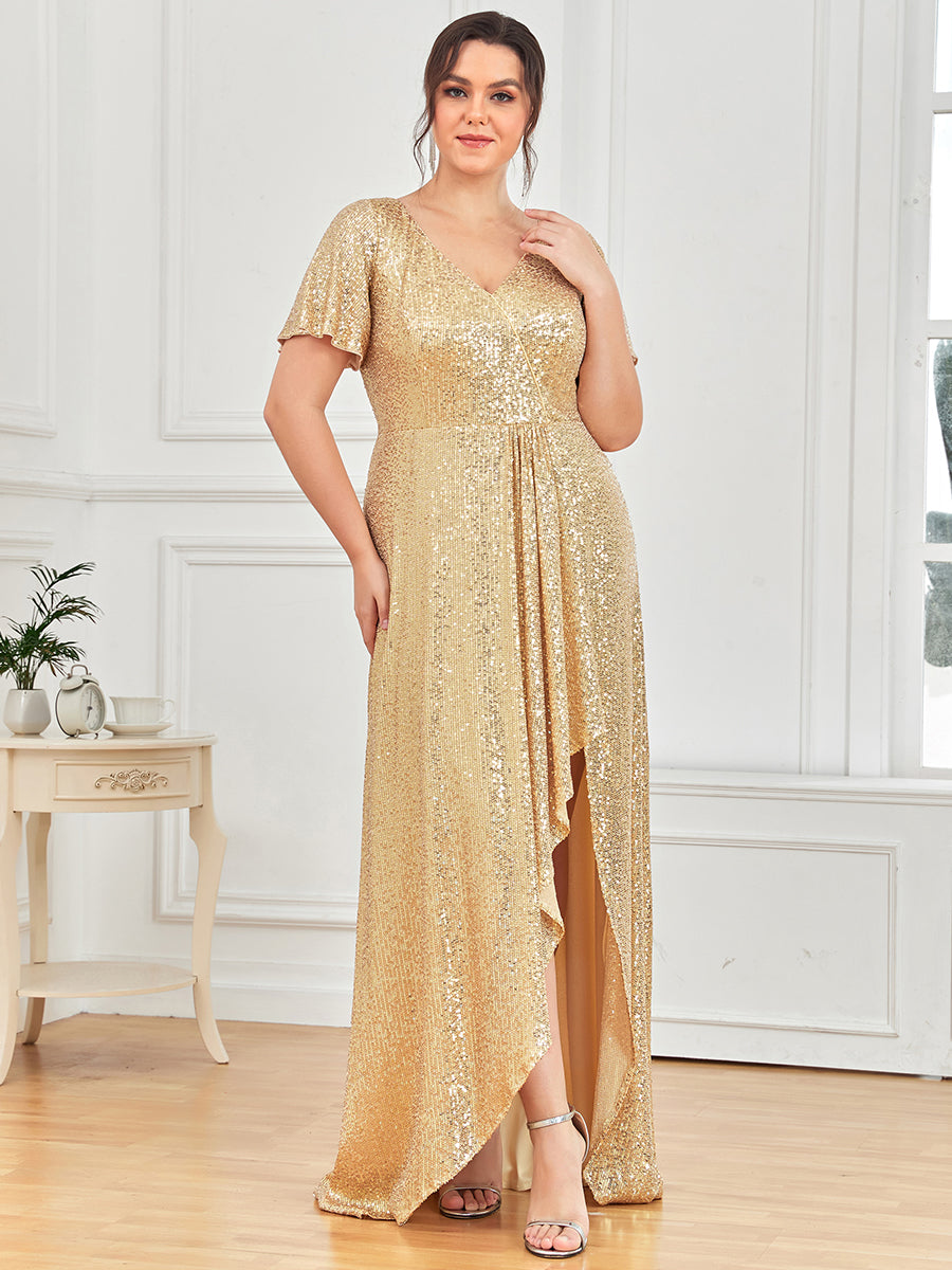 Robe de Soirée Manches Courtes Col en V Paillettes Grande Taille