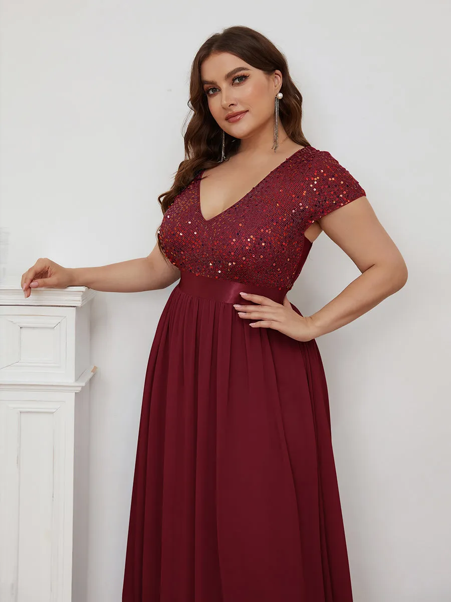 Robe de Soirée Maxi en Mousseline de Soie à Col en V de Grande Taille à Manches Courtes