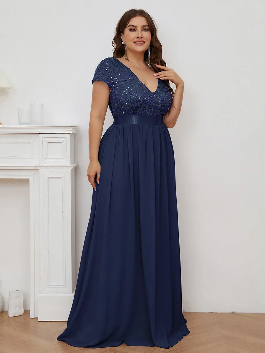 Robe de Soirée Maxi en Mousseline de Soie à Col en V de Grande Taille à Manches Courtes