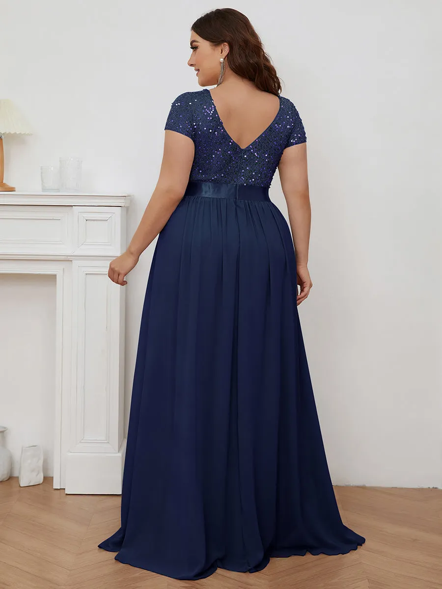 Robe de Soirée Maxi en Mousseline de Soie à Col en V de Grande Taille à Manches Courtes