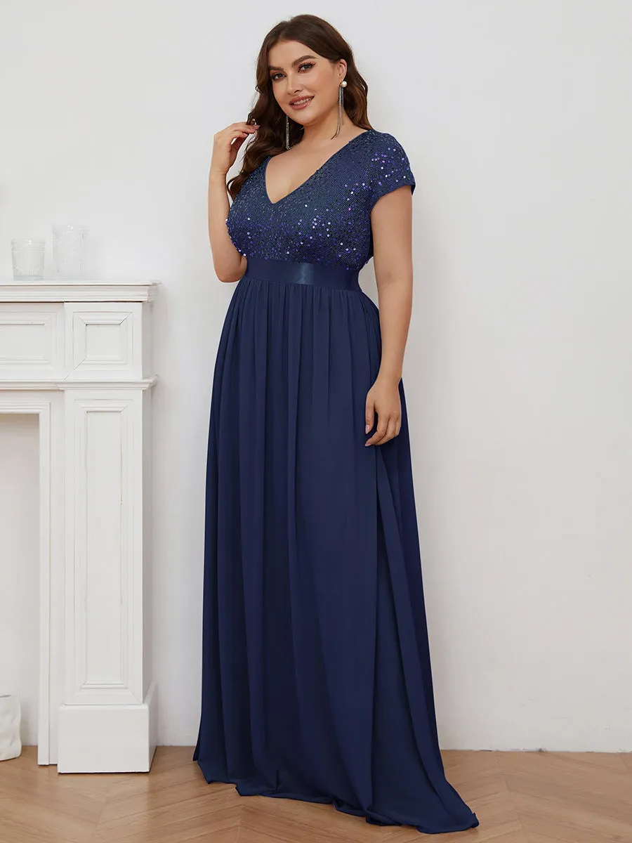 Robe de Soirée Maxi en Mousseline de Soie à Col en V de Grande Taille à Manches Courtes