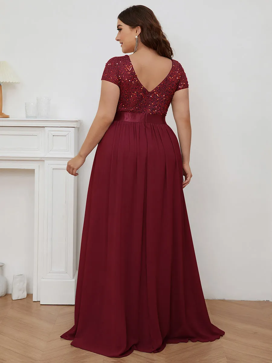 Robe de Soirée Maxi en Mousseline de Soie à Col en V de Grande Taille à Manches Courtes