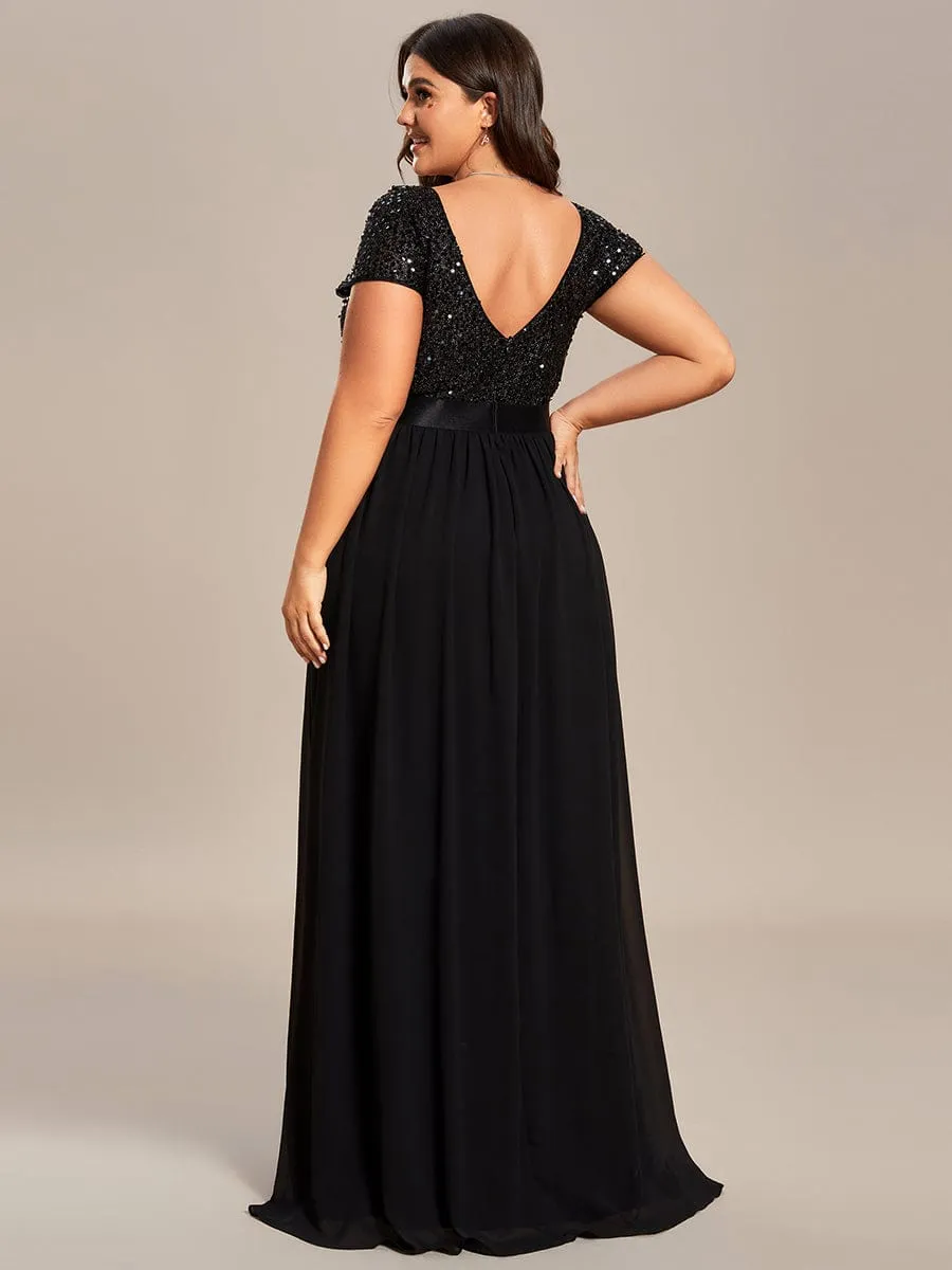 Robe de Soirée Maxi en Mousseline de Soie à Col en V de Grande Taille à Manches Courtes