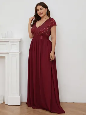 Robe de Soirée Maxi en Mousseline de Soie à Col en V de Grande Taille à Manches Courtes