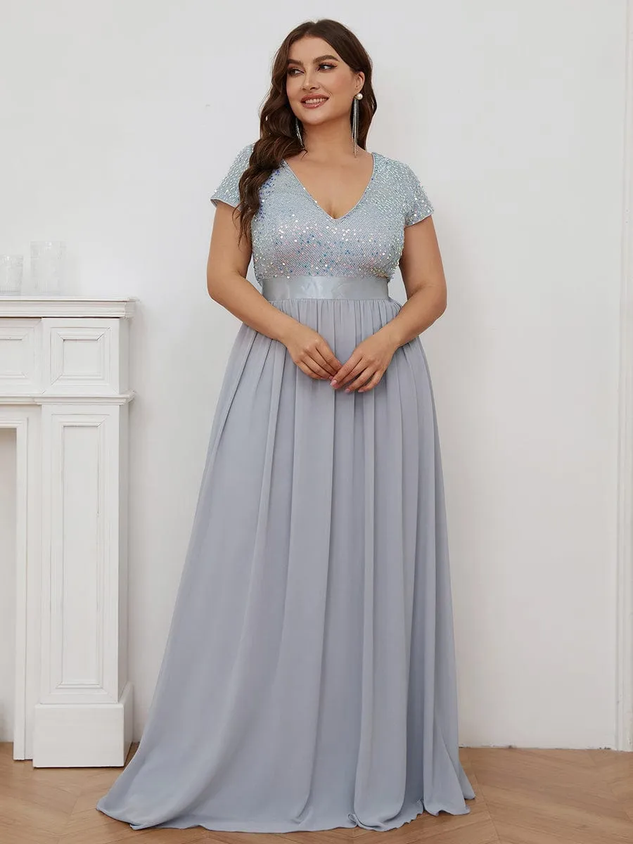 Robe de Soirée Maxi en Mousseline de Soie à Col en V de Grande Taille à Manches Courtes