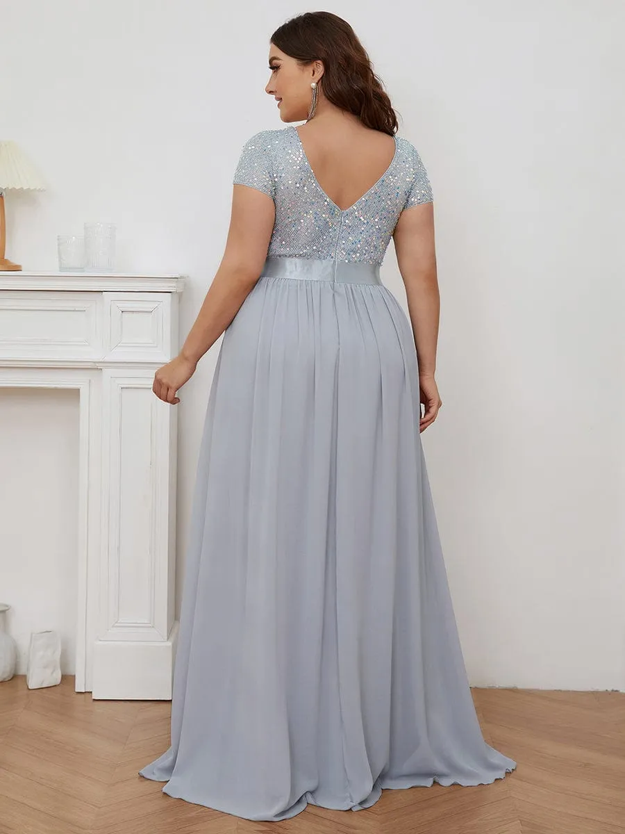 Robe de Soirée Maxi en Mousseline de Soie à Col en V de Grande Taille à Manches Courtes