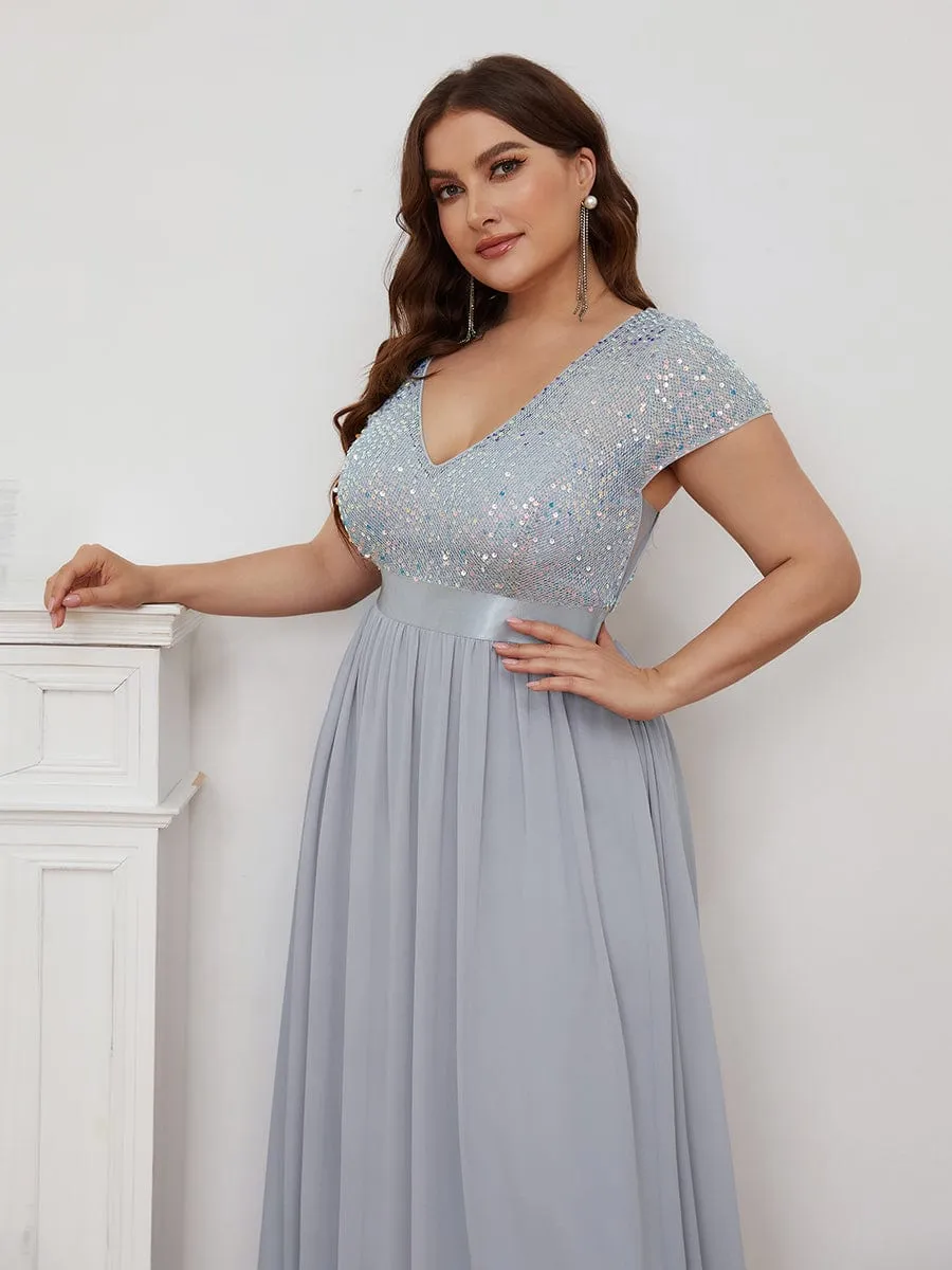 Robe de Soirée Maxi en Mousseline de Soie à Col en V de Grande Taille à Manches Courtes