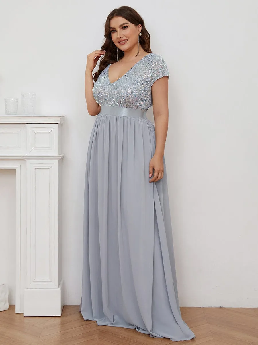 Robe de Soirée Maxi en Mousseline de Soie à Col en V de Grande Taille à Manches Courtes