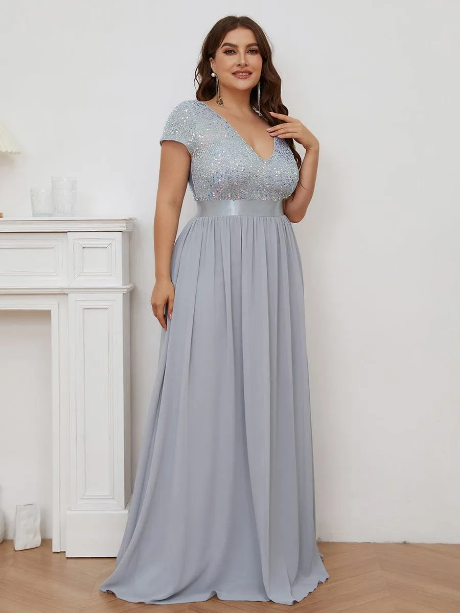 Robe de Soirée Maxi en Mousseline de Soie à Col en V de Grande Taille à Manches Courtes