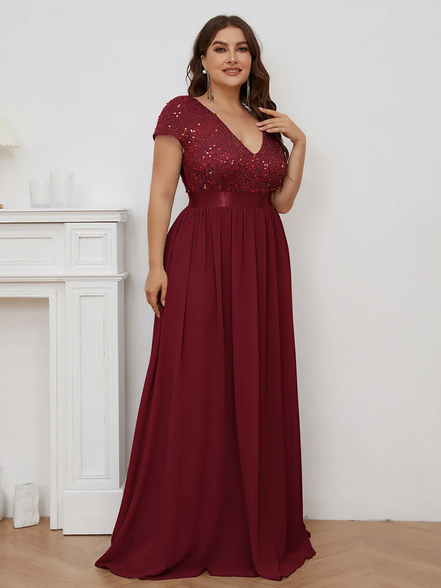 Robe de Soirée Maxi en Mousseline de Soie à Col en V de Grande Taille à Manches Courtes