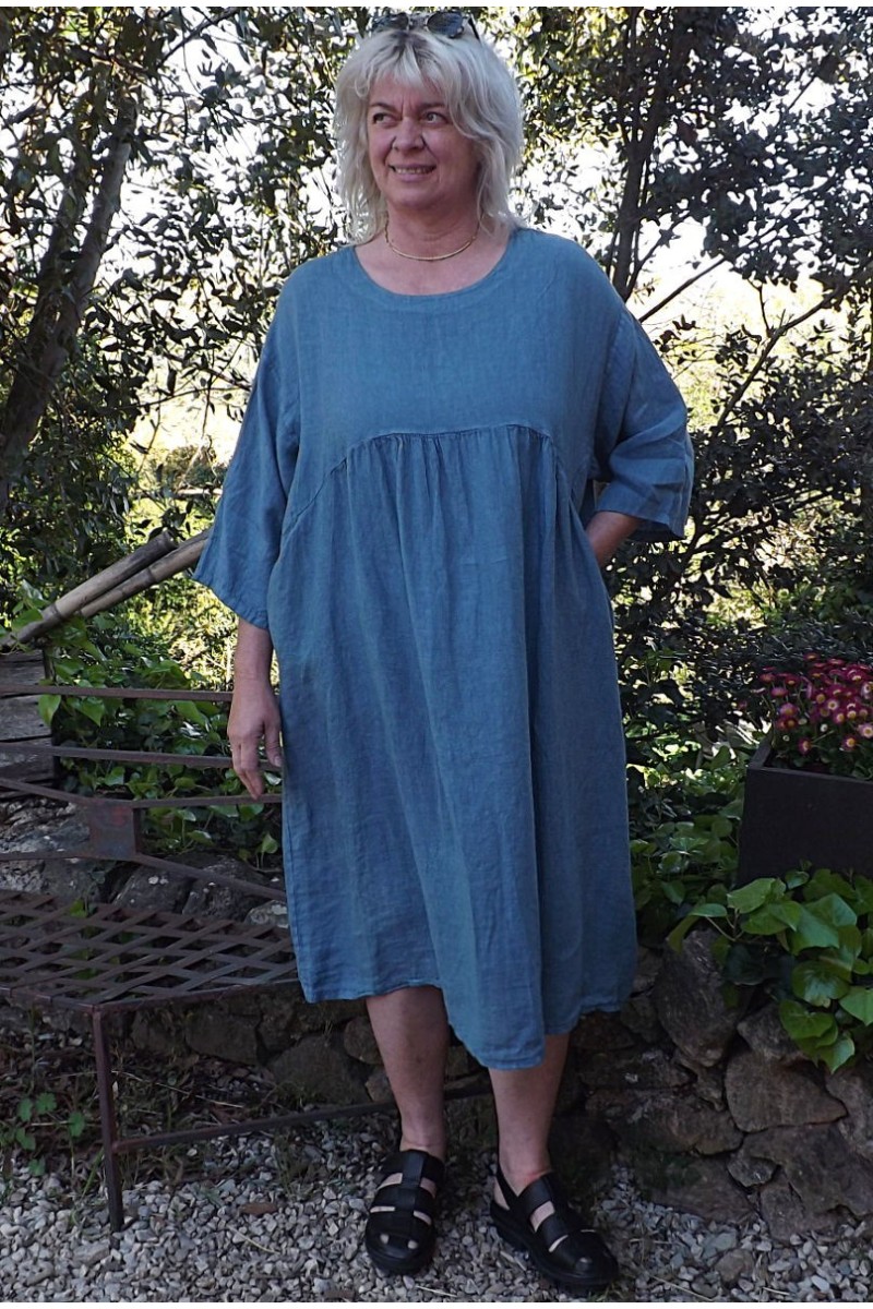 Robe longue en lin grande taille bleu jean pour femme