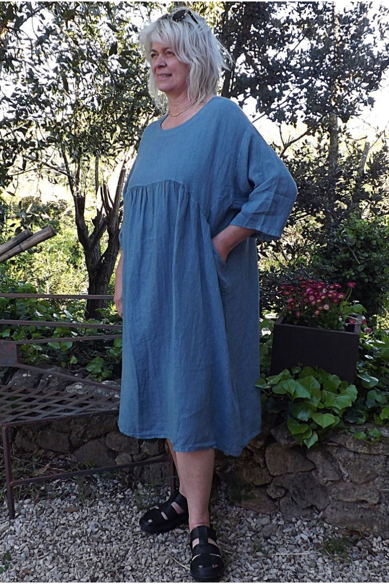 Robe longue en lin grande taille bleu jean pour femme