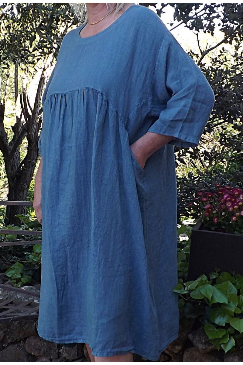 Robe longue en lin grande taille bleu jean pour femme