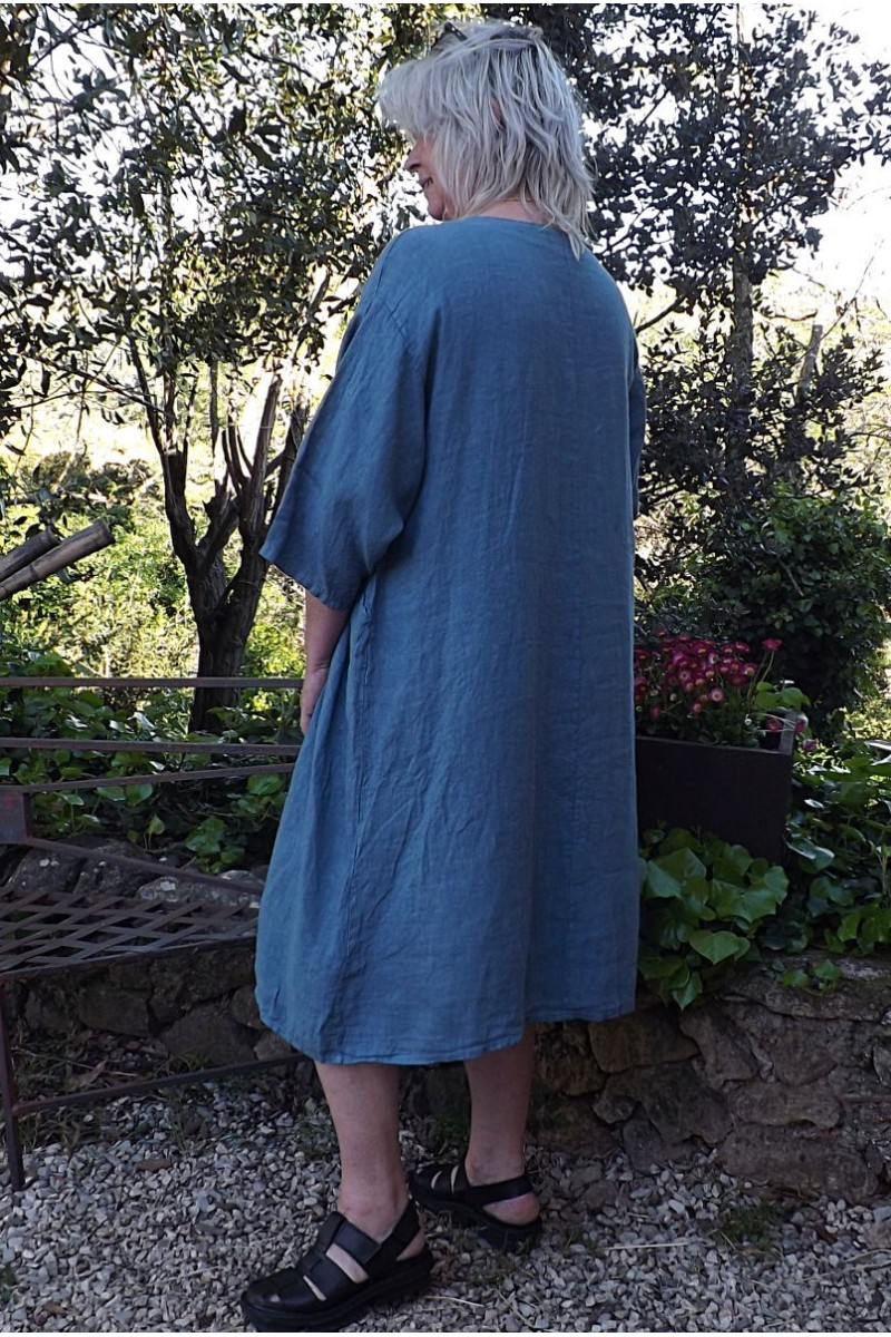 Robe longue en lin grande taille bleu jean pour femme