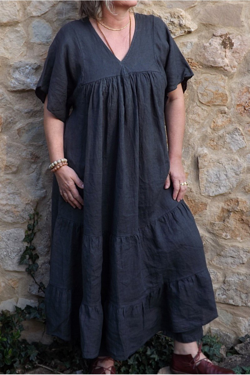 Robe longue en lin grande taille col V de couleur anthracite