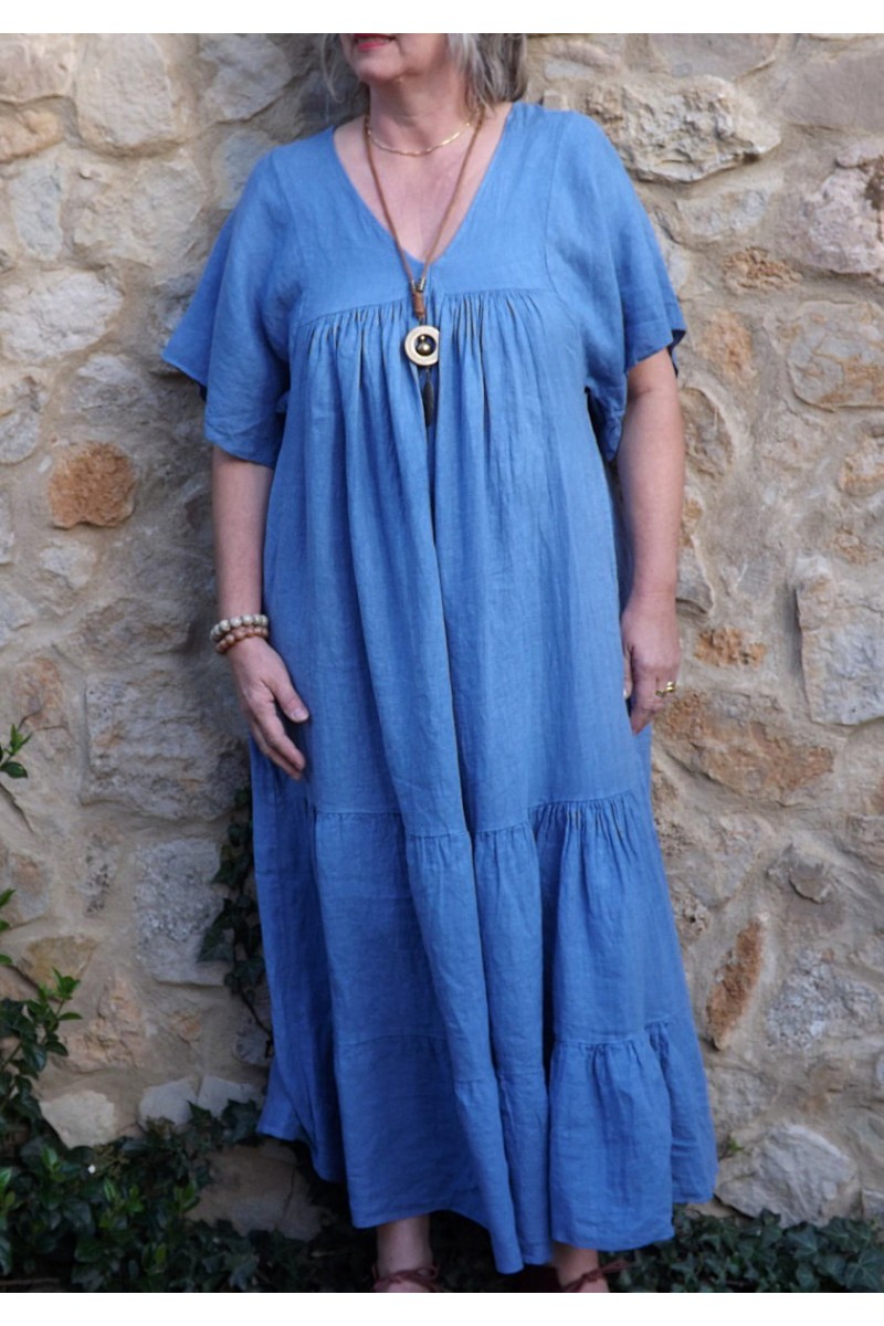 Robe longue en lin grande taille col V de couleur bleu céleste