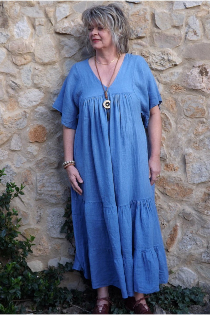 Robe longue en lin grande taille col V de couleur bleu céleste