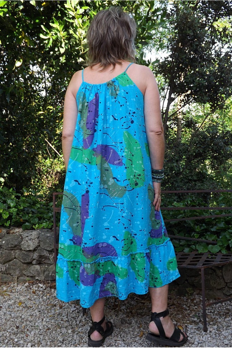 Robe longue lin à fines bretelles bleue céleste